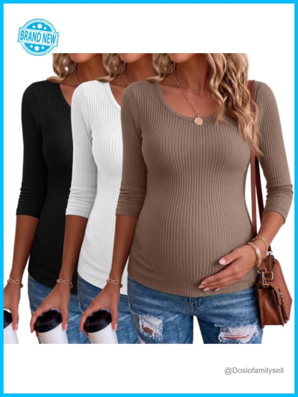 3 Pack Maternity 3/4 Sleeve Ribbed Crew Neck Tops Cotton Spandex